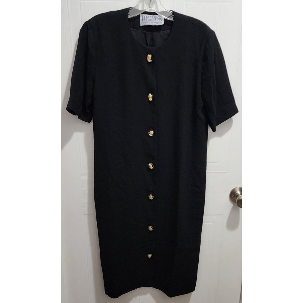 Vtg 80s‎ Bichon Sara Edwards Short Sleeve Midi Dress Cameo Buttons Black Size 4
